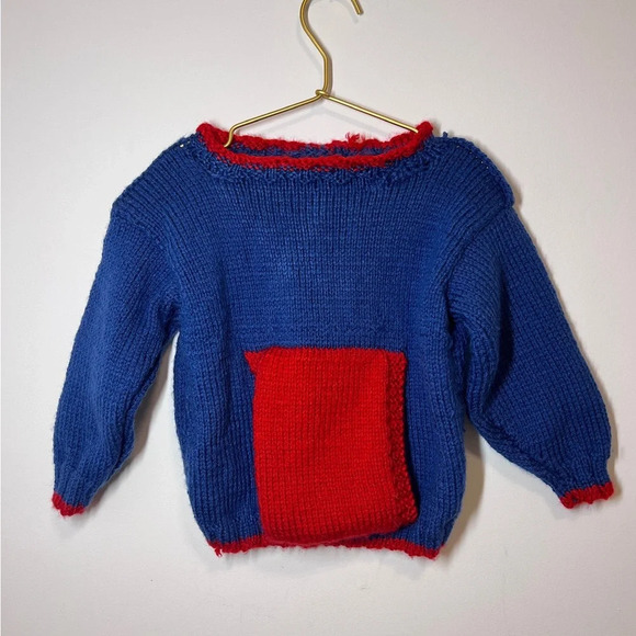 Handmade Knit Baby Sweater Red and Blue Pullover - Picture 4 of 7